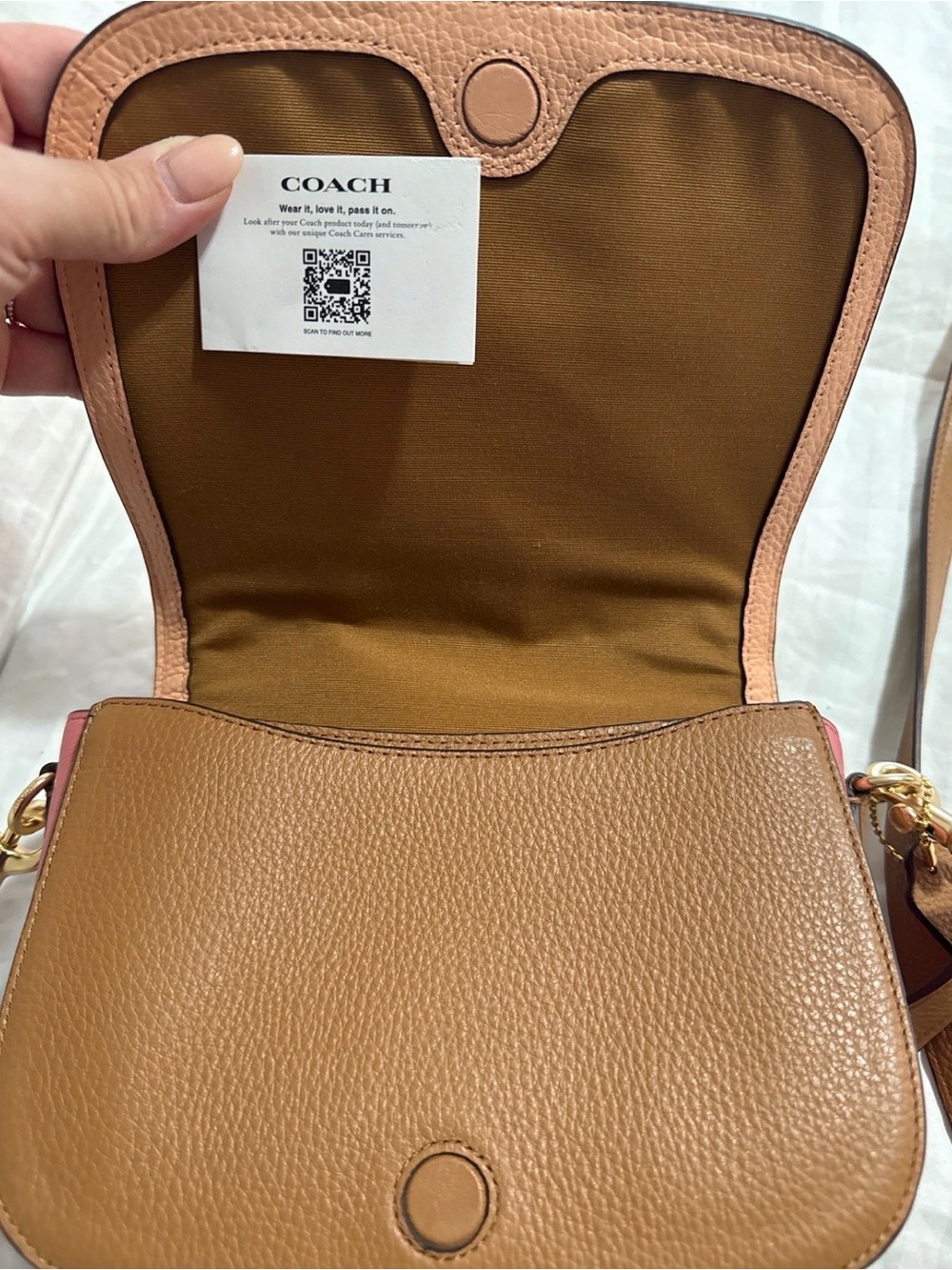 Coach Pebbled Leather Crossbody in Tan with Pink Trim - Picture 2 of 4